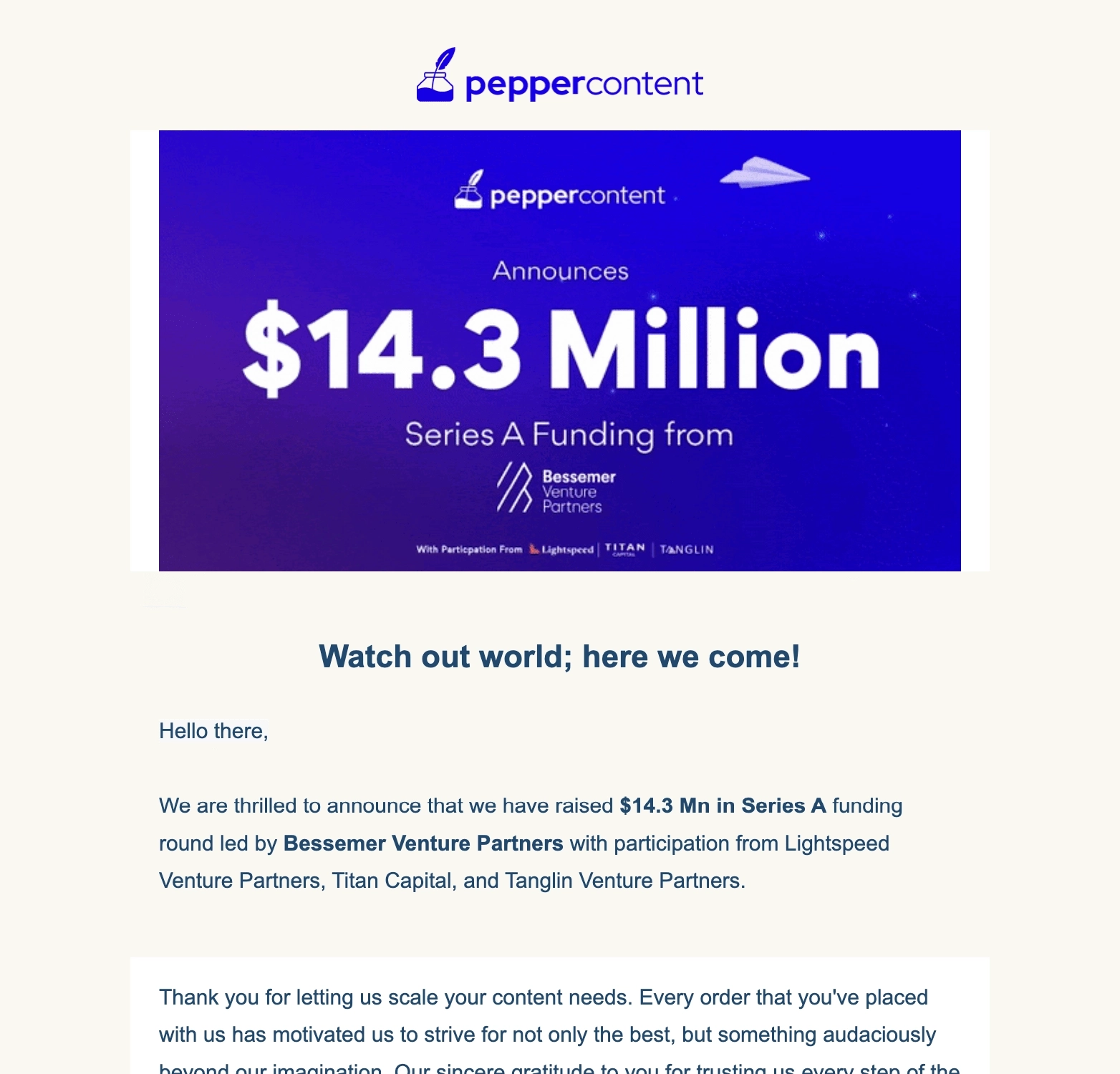 Funding Round Announcement Emails: Screenshot of Pepper Content's funding round announcement email