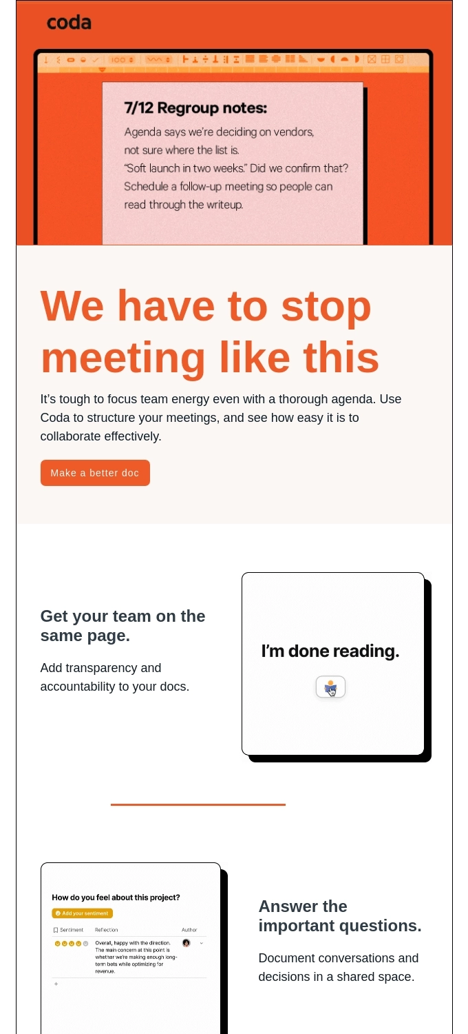 Screenshot of Coda's email talking about the troubles of taking down personal notes during a meeting