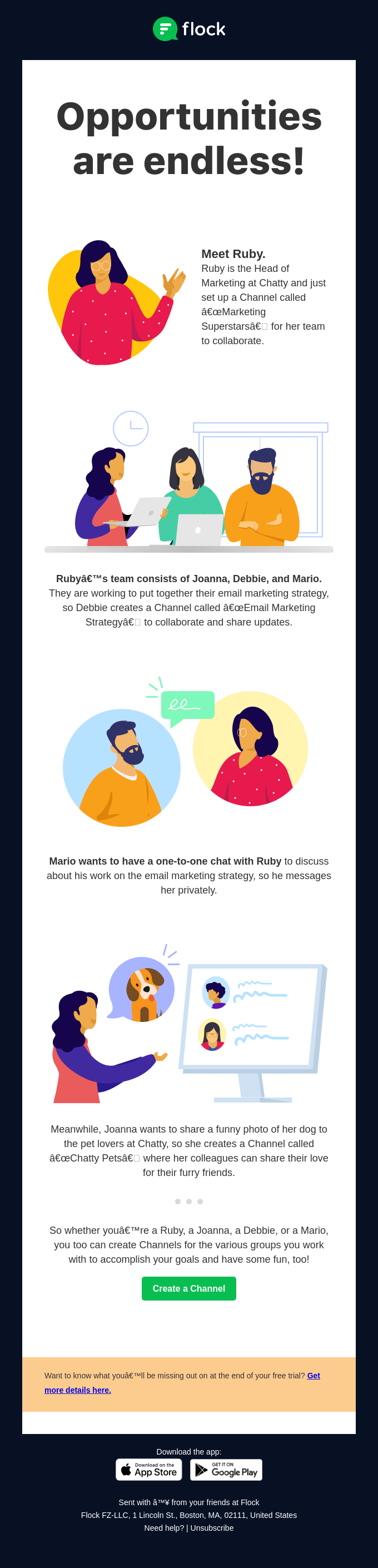 Storytelling in SaaS Emails: Screenshot of Flock's email illustrating how their product can serve multiple use cases