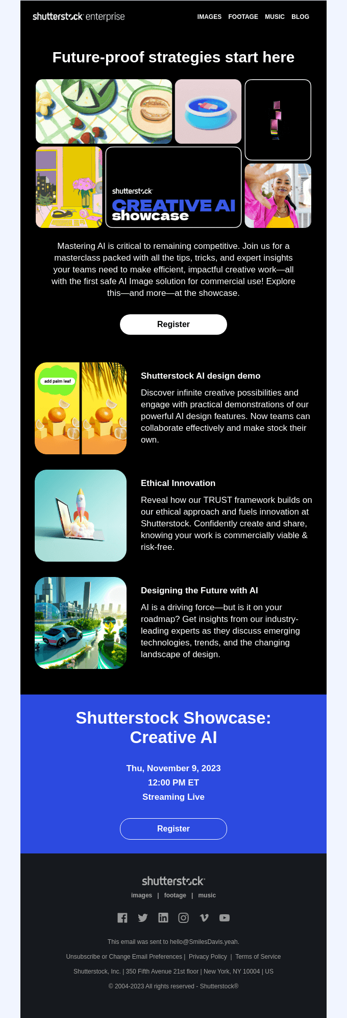 Storytelling in SaaS Emails: Screenshot of Shutterstock's email featuring highlights in their AI showcase