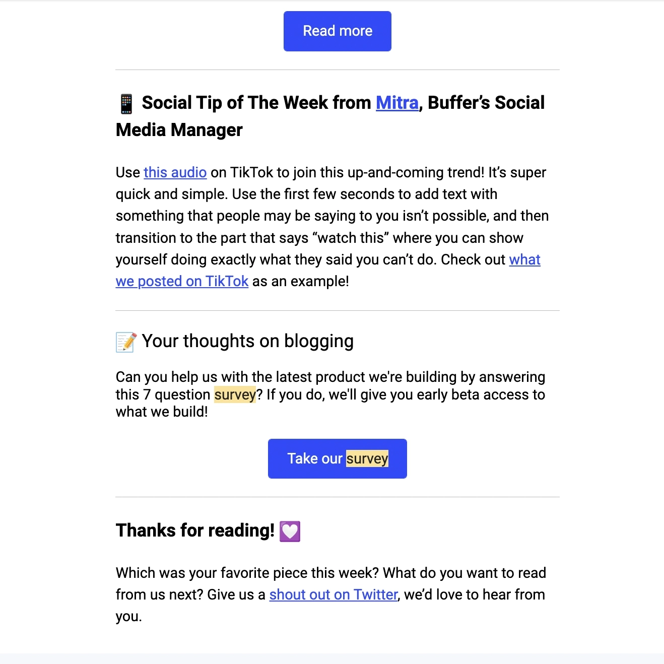Survey Email Examples: Screenshot of Buffer's survey email