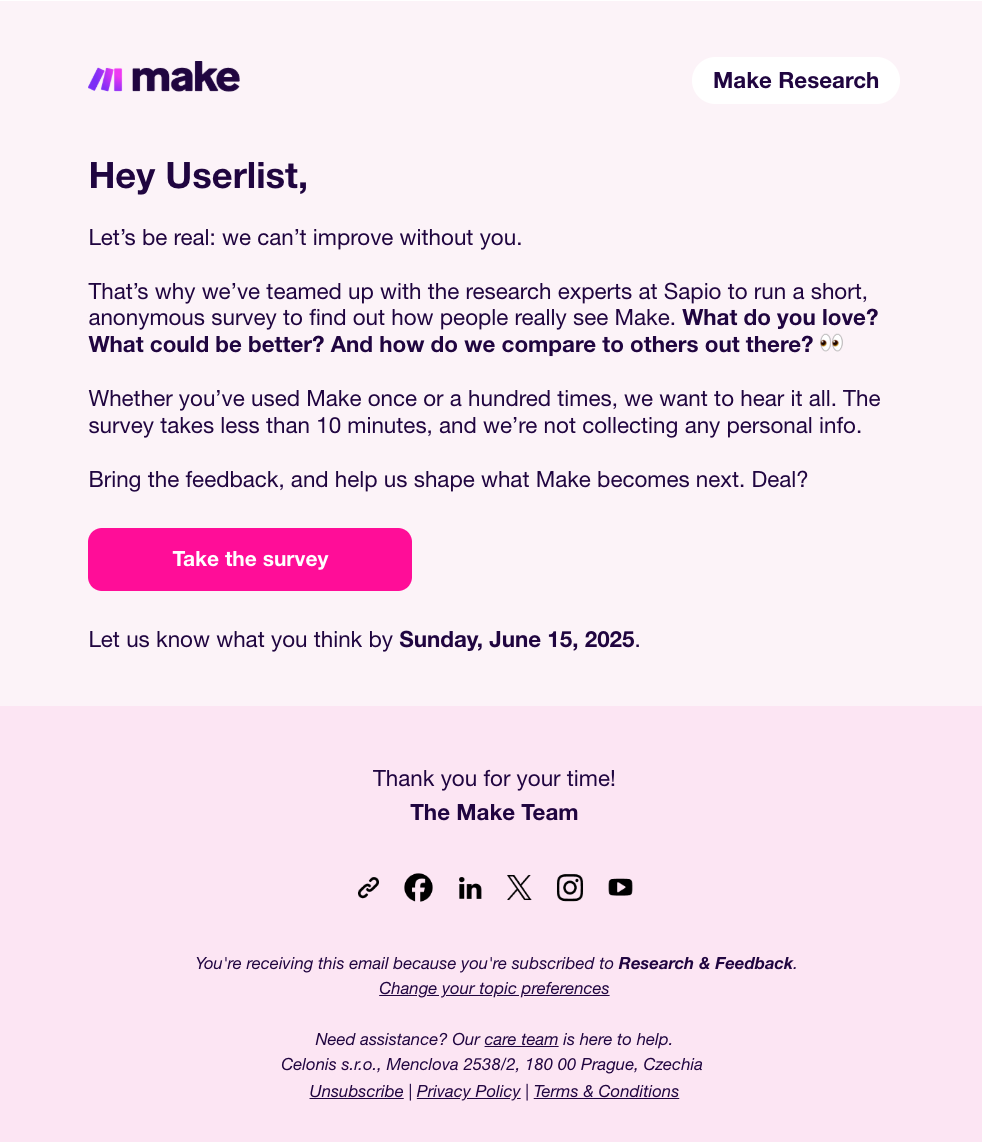 Survey Email Examples: Screenshot of Make's survey email