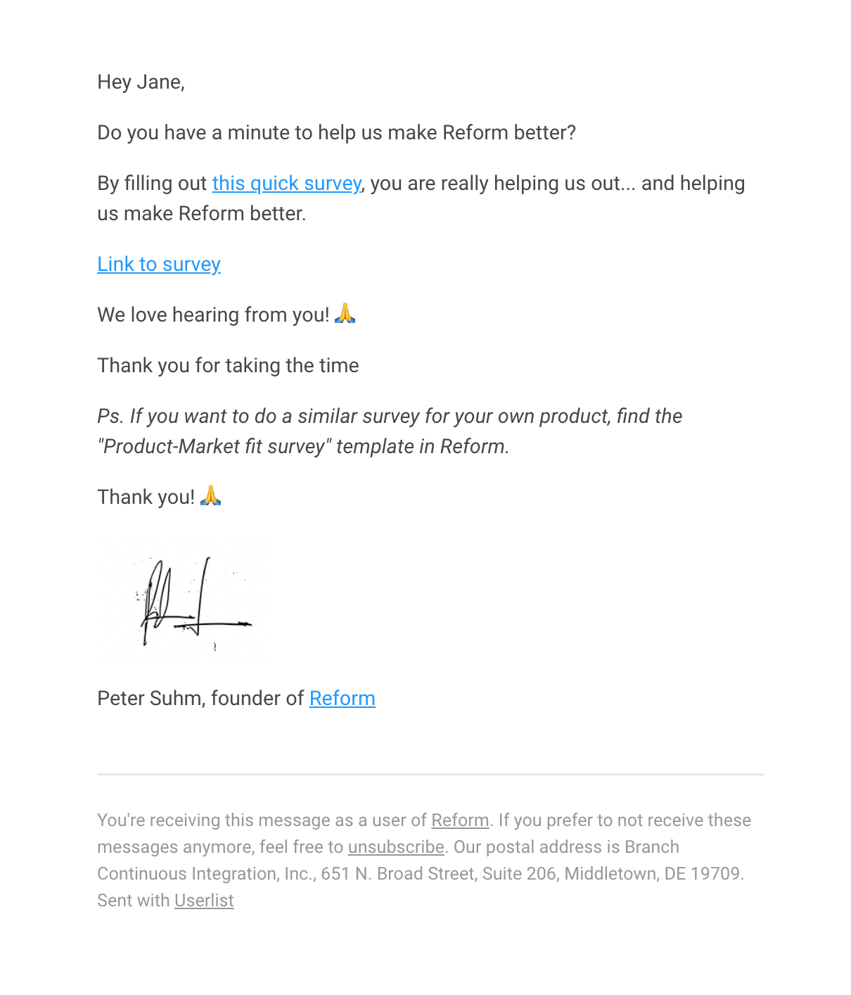 Survey Email Examples: Screenshot of Reform's survey email
