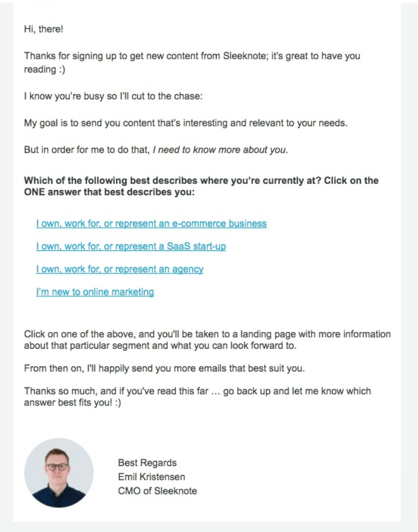 Survey Email Examples: Screenshot of Sleeknote's survey email