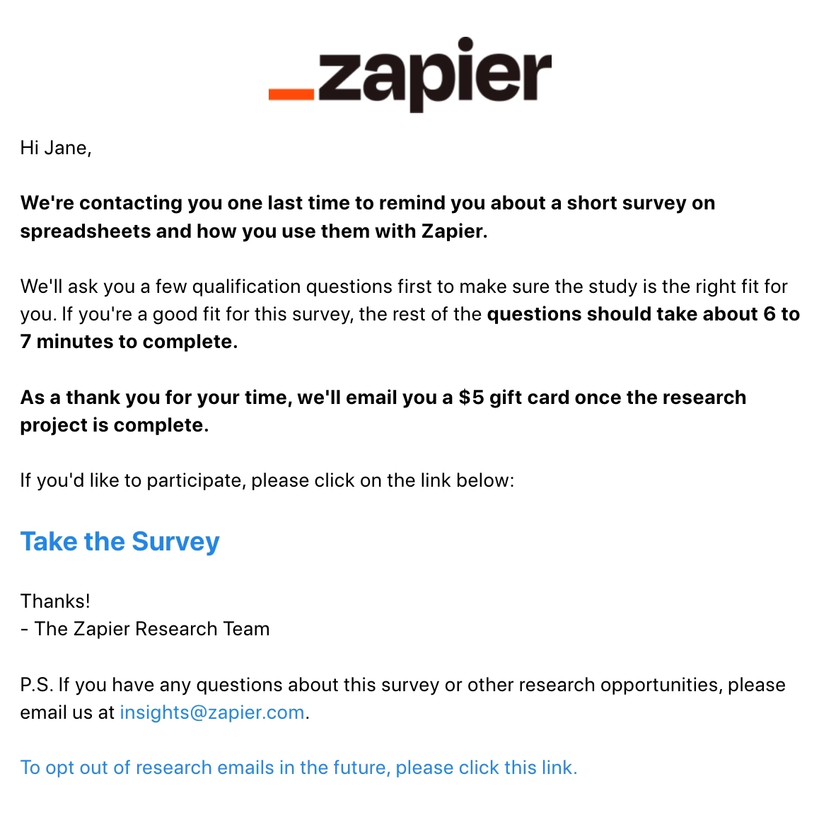 Survey Email Examples: Screenshot of Zapier's survey email