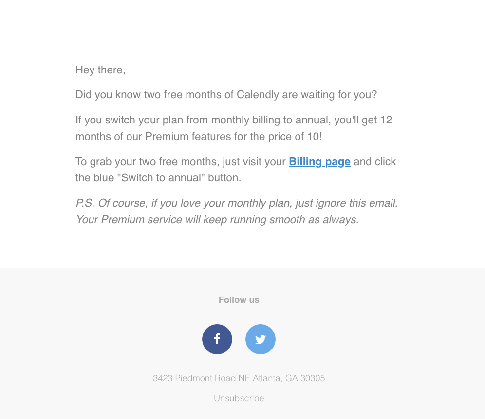 Switch from Monthly to Annual Billing Emails: Screenshot of Calendly's email