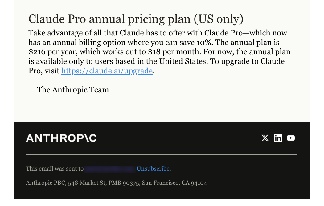 Switch from Monthly to Annual Billing Emails: Screenshot of Anthropic's newsletter promoting their annual plan for US-based customers