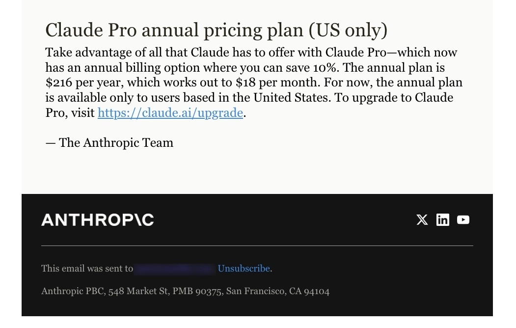 Switch from Monthly to Annual Billing Emails: Screenshot of Anthropic's newsletter promoting their annual plan for US-based customers