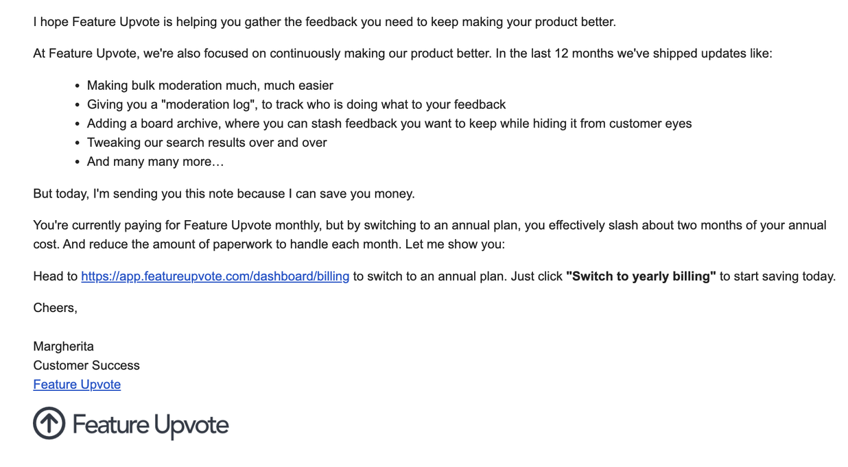 Switch from Monthly to Annual Billing Emails: Screenshot of Feature Upvote's email