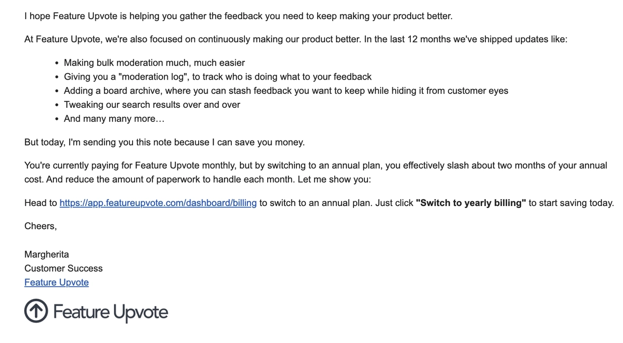 Switch from Monthly to Annual Billing Emails: Screenshot of Feature Upvote's email
