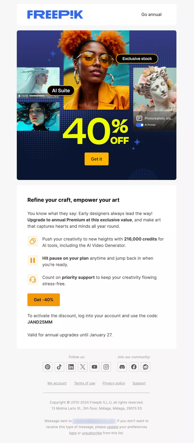 Switch from Monthly to Annual Billing Emails: Screenshot of Freepik's email