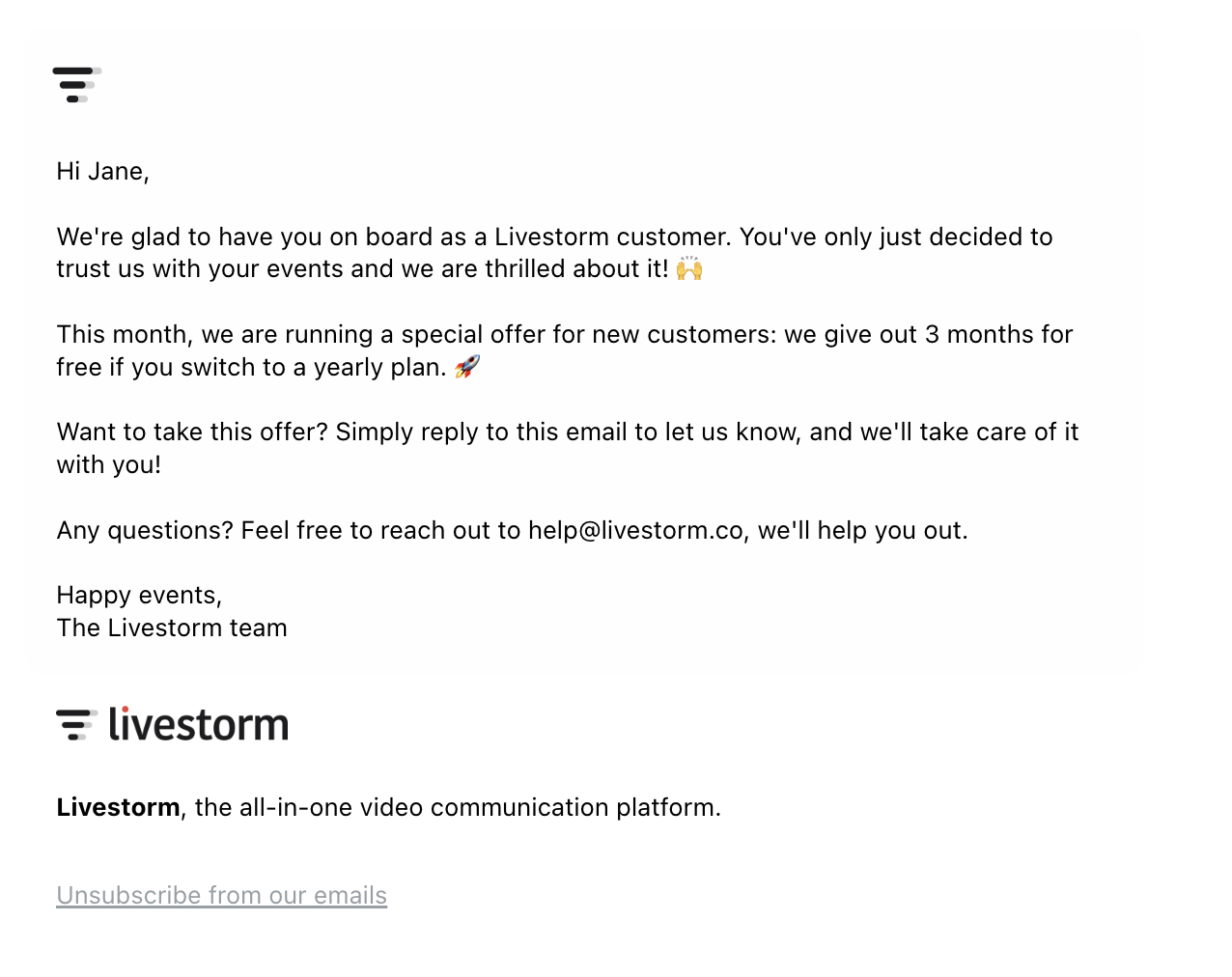Switch from Monthly to Annual Billing Emails: Screenshot of Livestorm's email for new customers