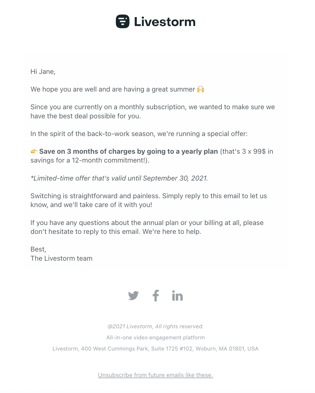 Switch from Monthly to Annual Billing Emails: Screenshot of Livestorm's email for back-to-work season
