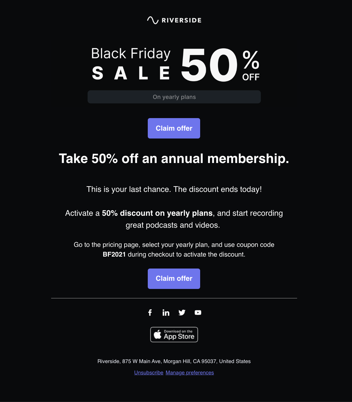 Switch from Monthly to Annual Billing Emails: Screenshot of Riverside's promo email