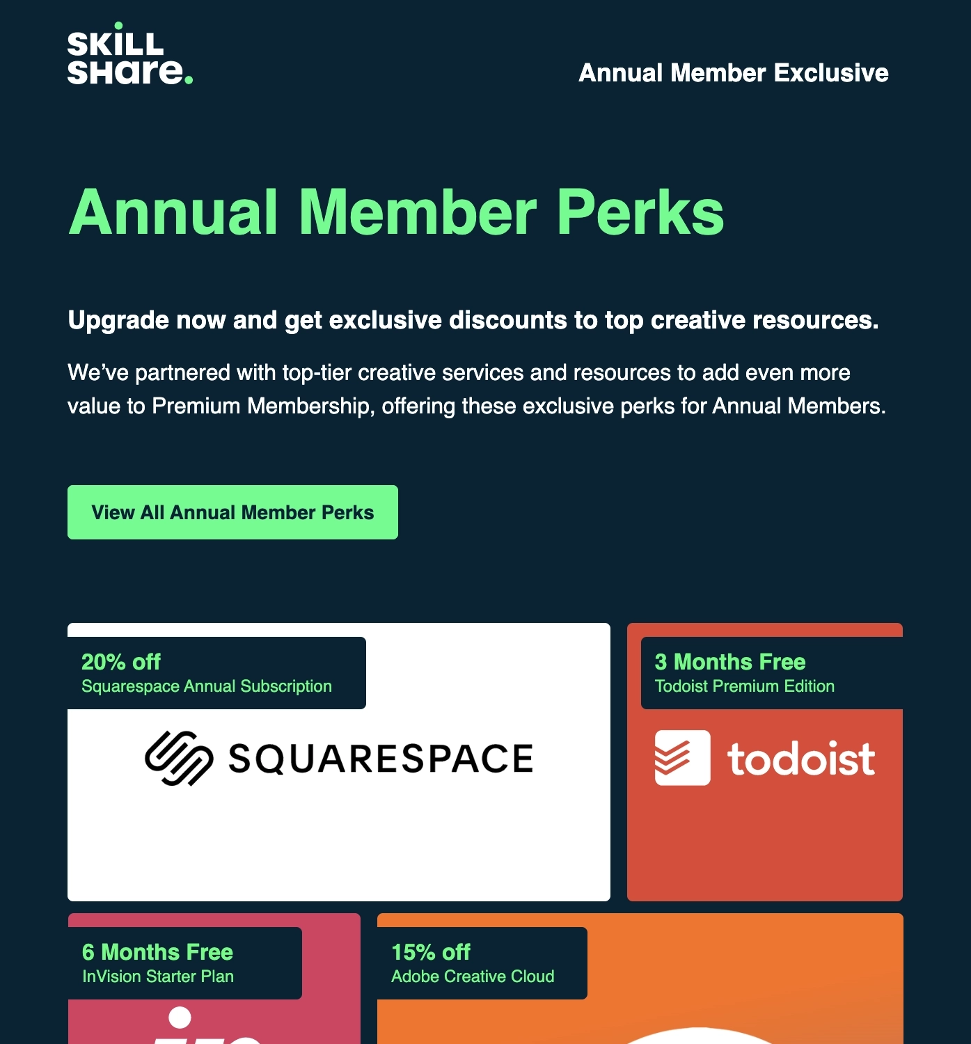 Switch from Monthly to Annual Billing Emails: Screenshot of Skillshare's email highlighting annual membership perks