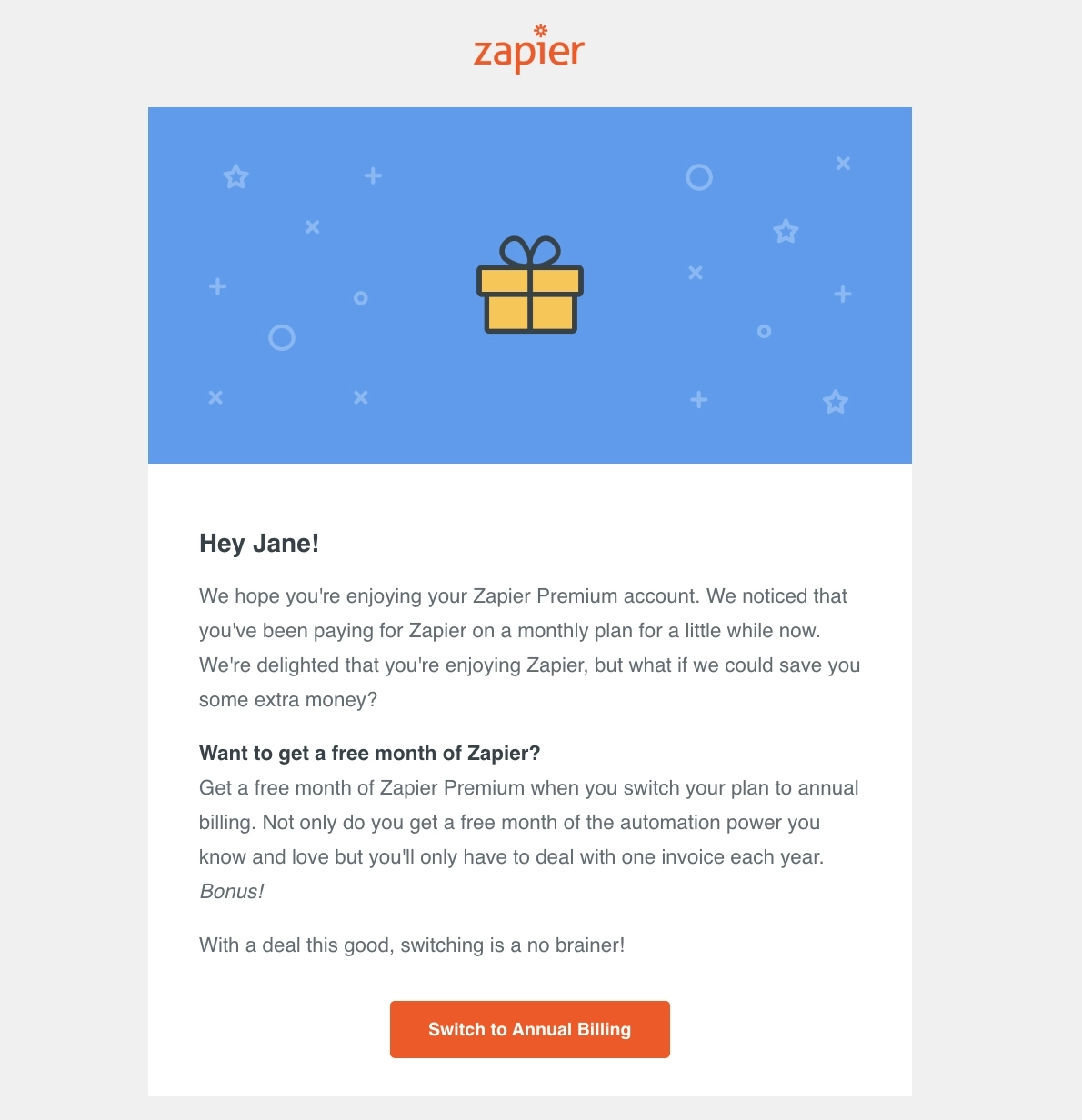 Switch from Monthly to Annual Billing Emails: Screenshot of Zapier's email