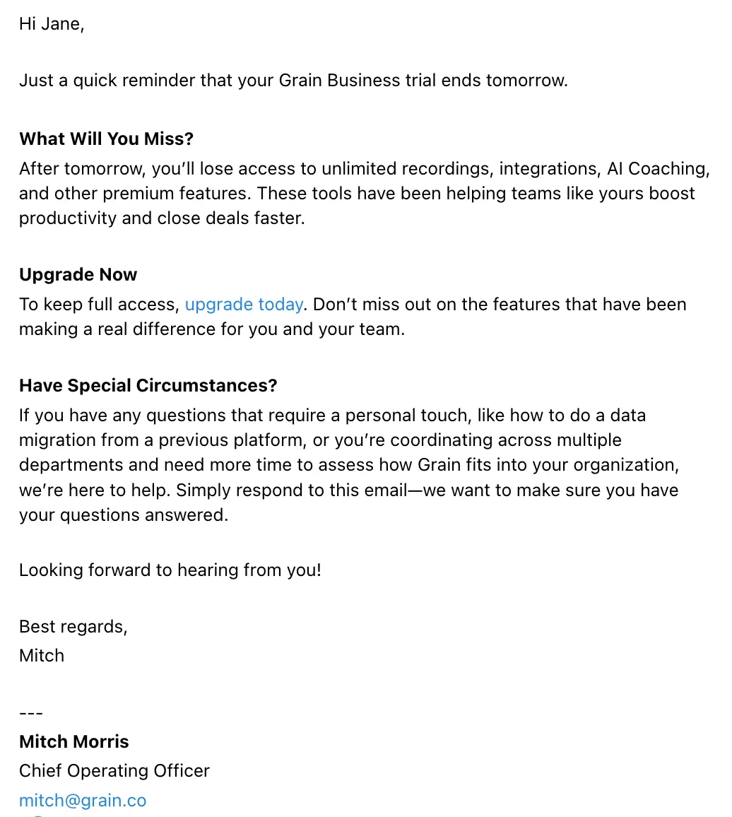 SaaS Trial Expiration Emails: Screenshot of trial expiration email from Grain
