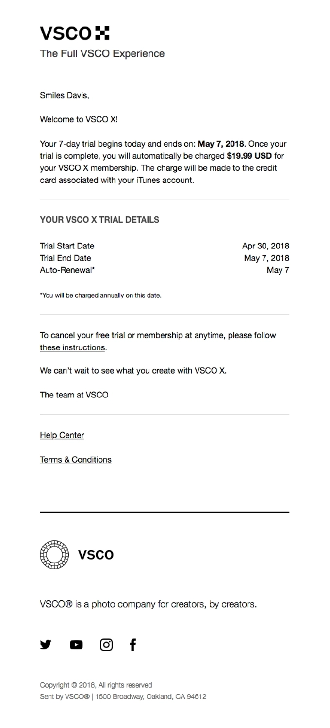 SaaS Trial Expiration Emails: Screenshot of trial expiration email from VSCO