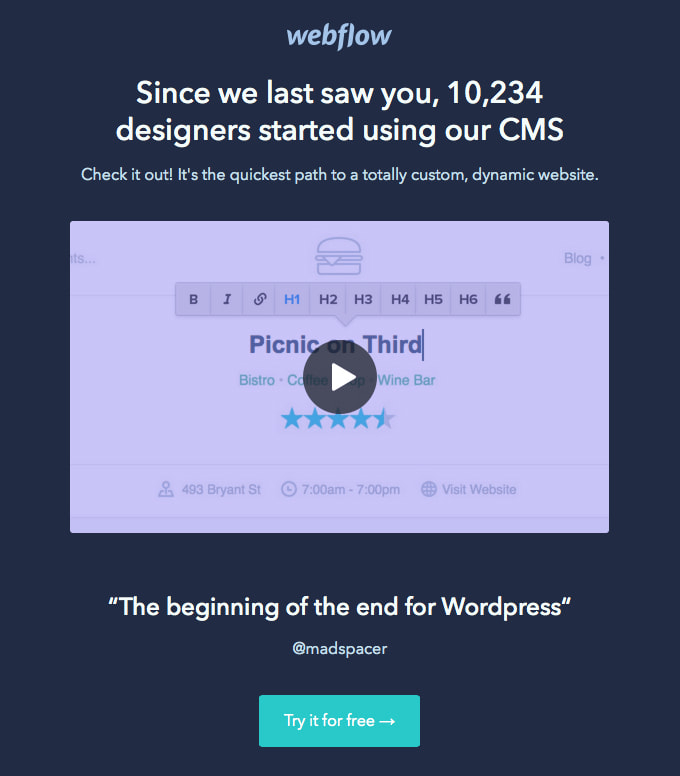 Trigger-Based Email Marketing: Screenshot of Webflow's winback email
