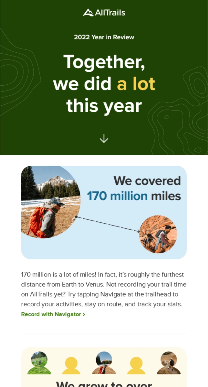 Year-in-review emails: Screenshot of AllTrails' year-in-review email