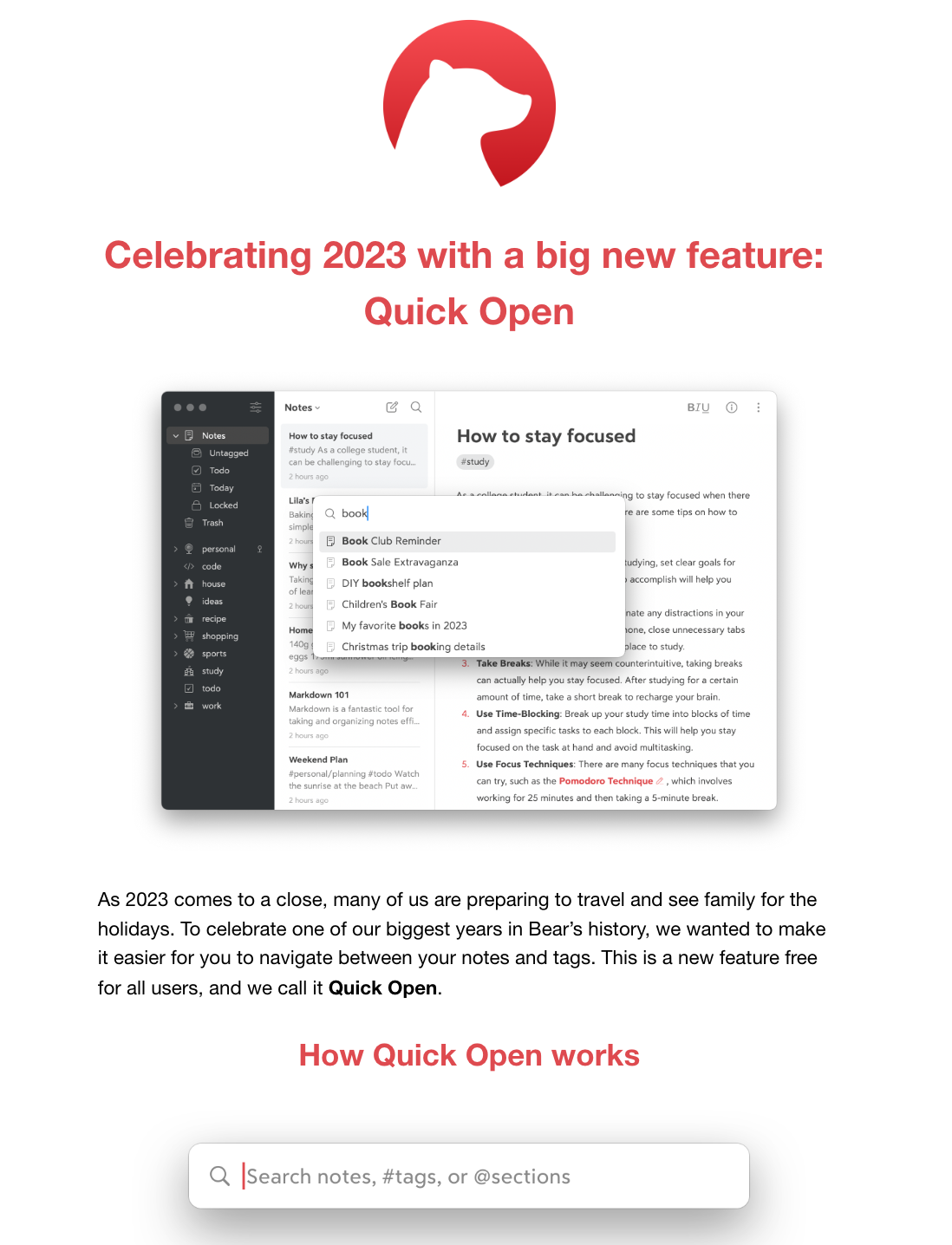 Year-in-review emails: Screenshot of Bear's year-in-review email