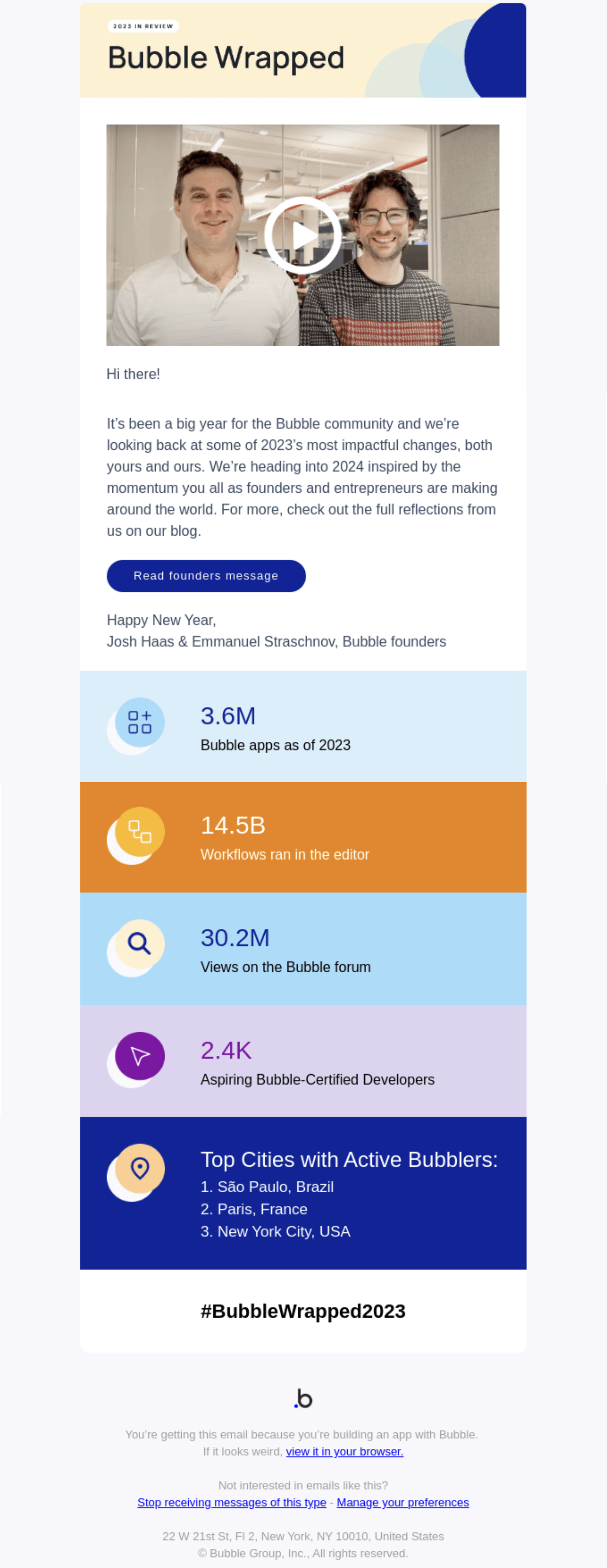 Year-in-review emails: Screenshot of Bubble's year-in-review email