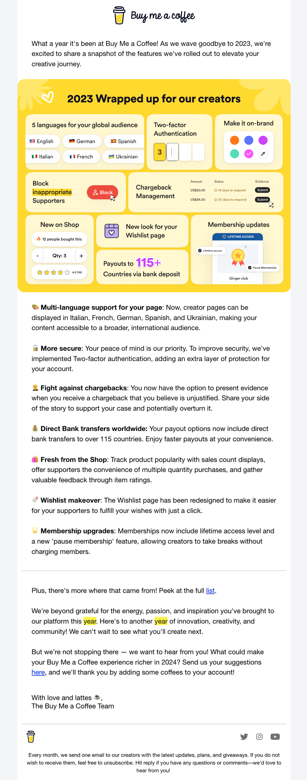 Year-in-review emails: Screenshot of Buy Me a Coffee's year-in-review email