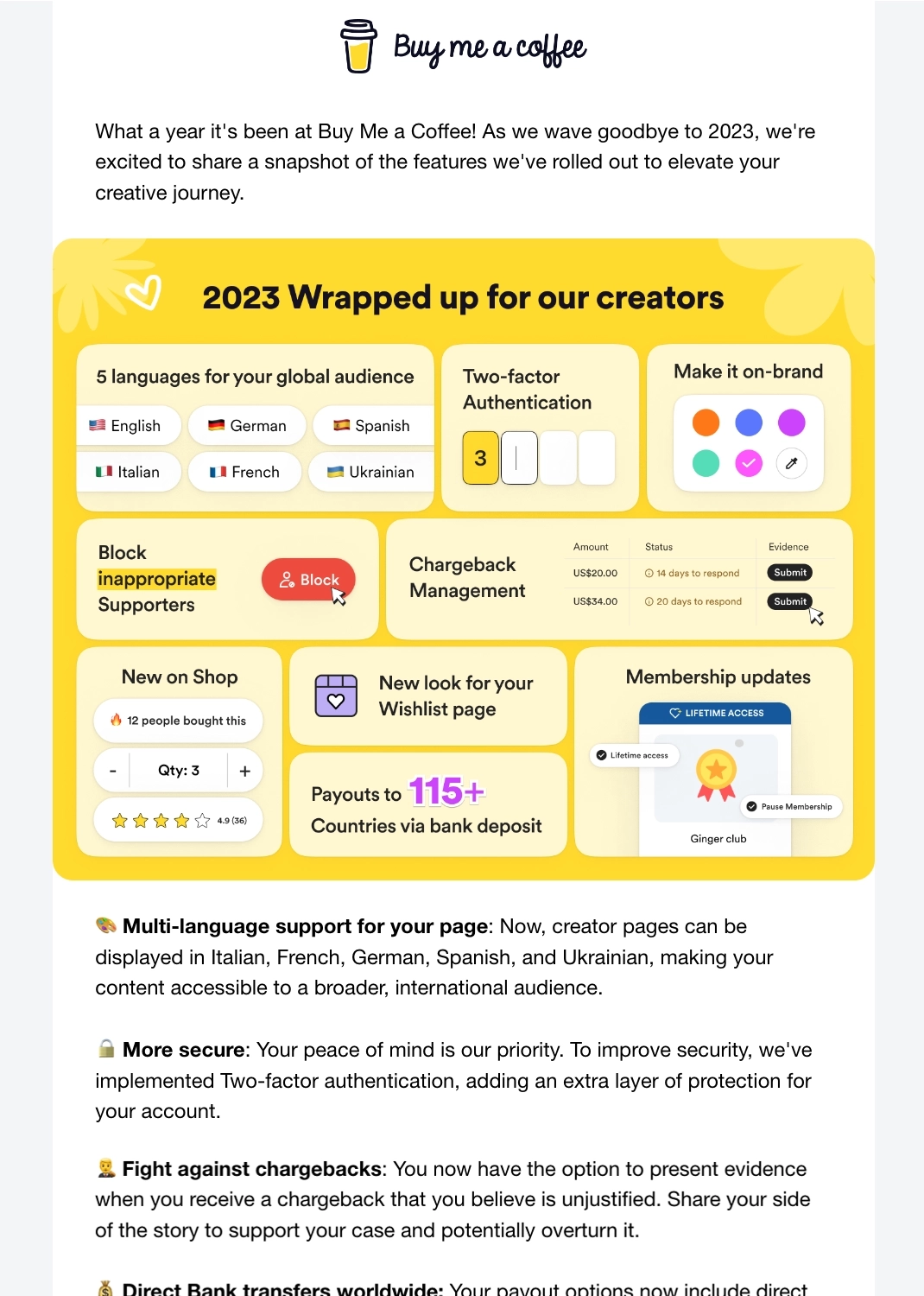 Year-in-review emails: Screenshot of Buy Me a Coffee's year-in-review email