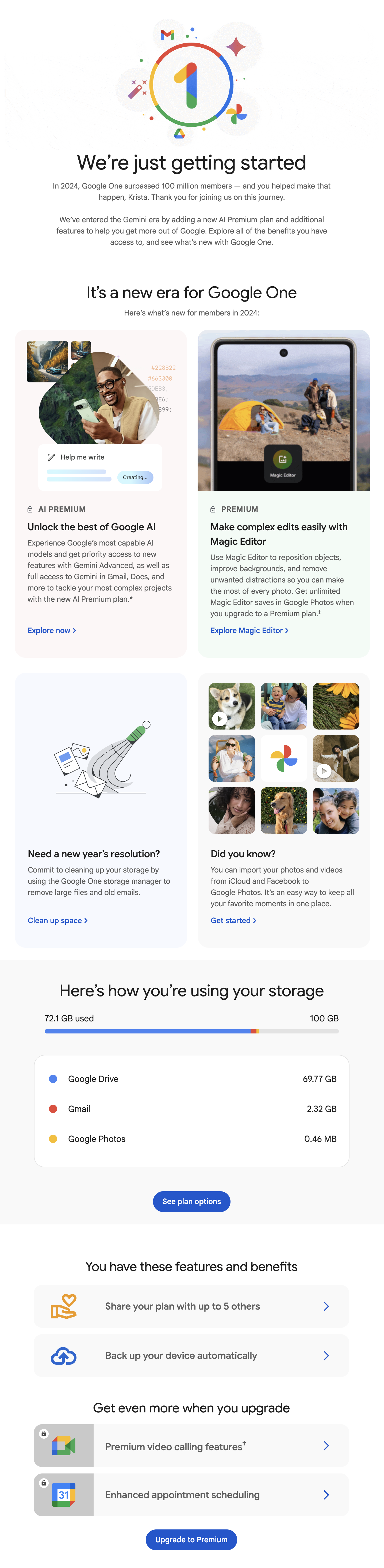 Year-in-review emails: Screenshot of Google One's year-in-review email