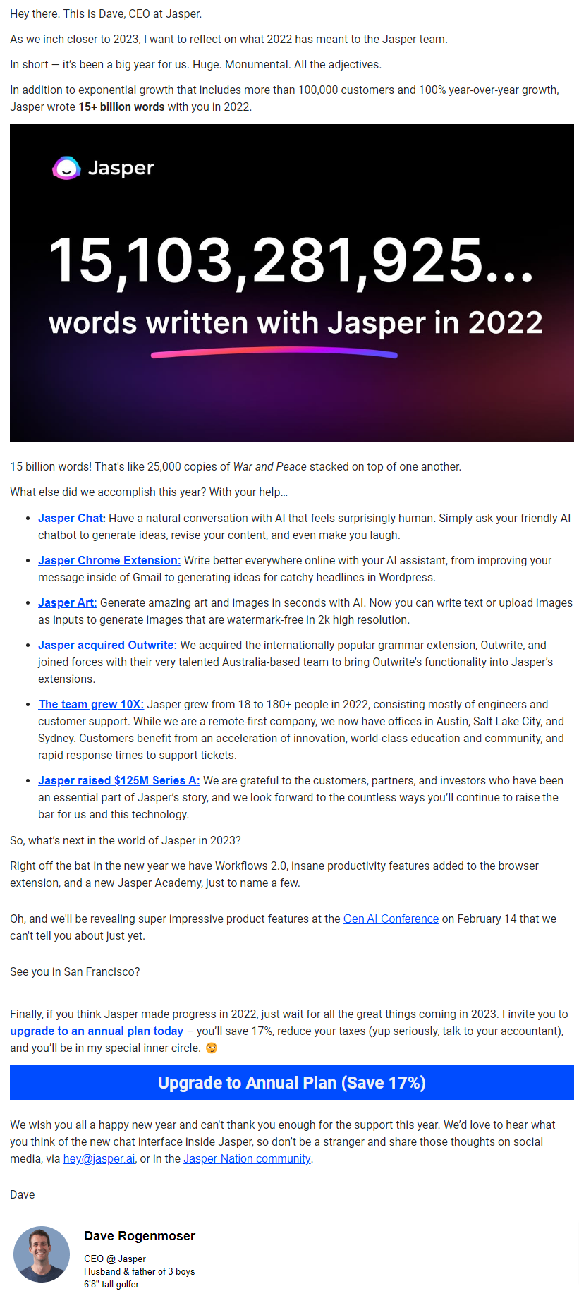 Year-in-review emails: Screenshot of Jasper's year-in-review email