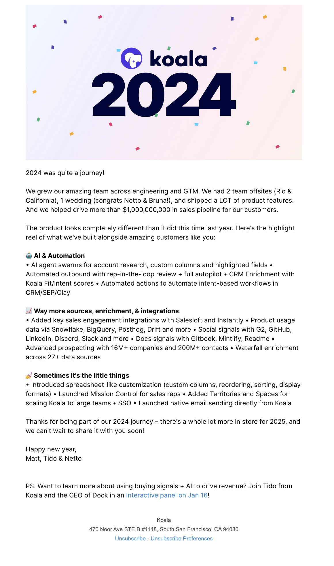Year-in-review emails: Screenshot of Koala's year-in-review email