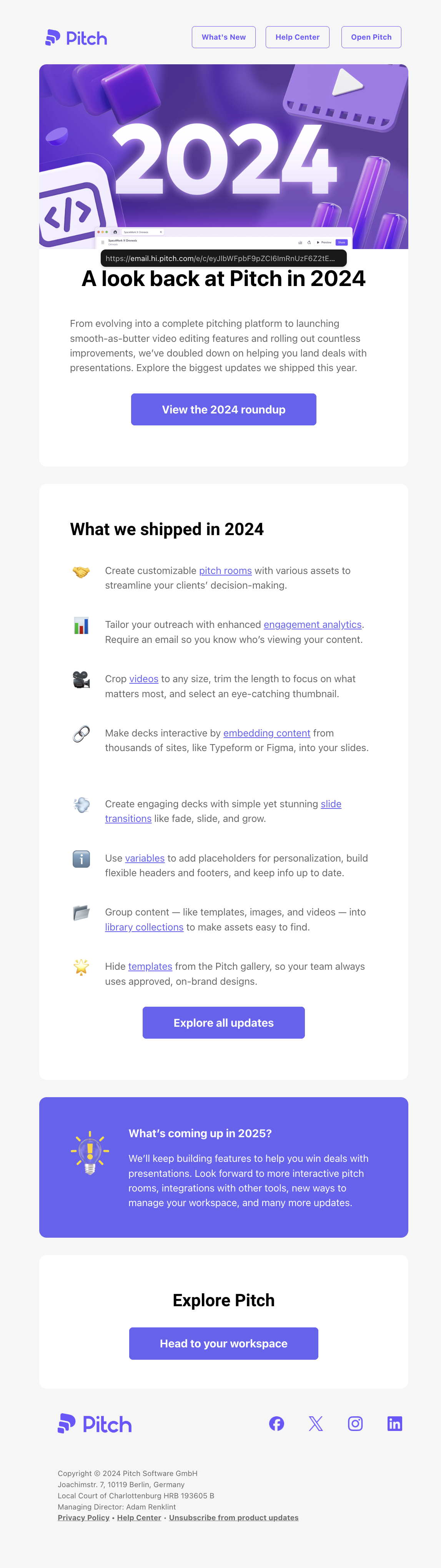 Year-in-review emails: Screenshot of Pitch's 2024 year-in-review email