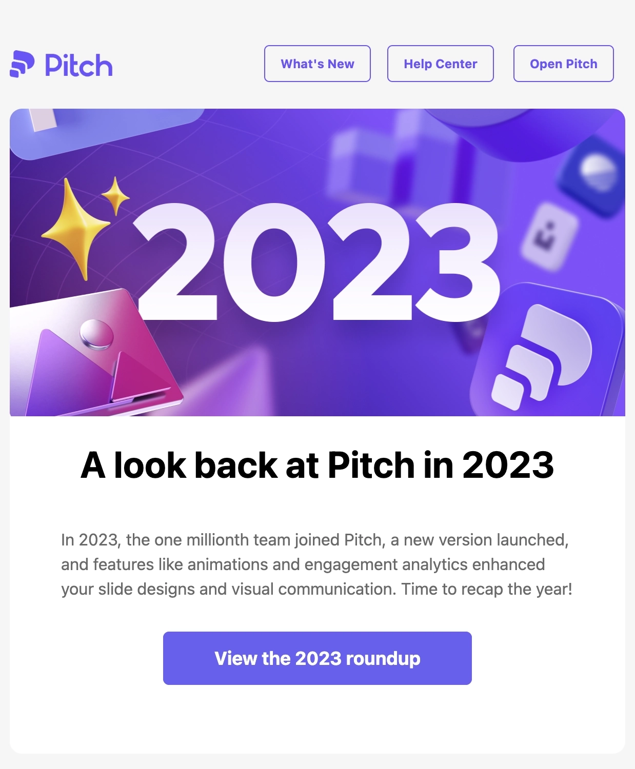 Year-in-review emails: Screenshot of Pitch's 2023 year-in-review email