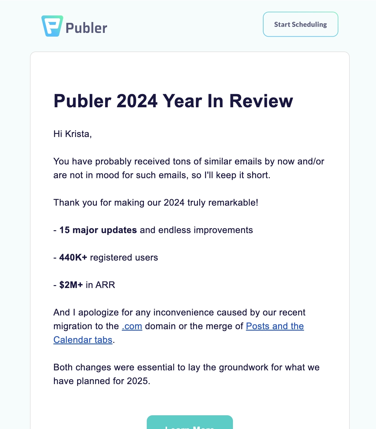 Year-in-review emails: Screenshot of Publer's year-in-review email