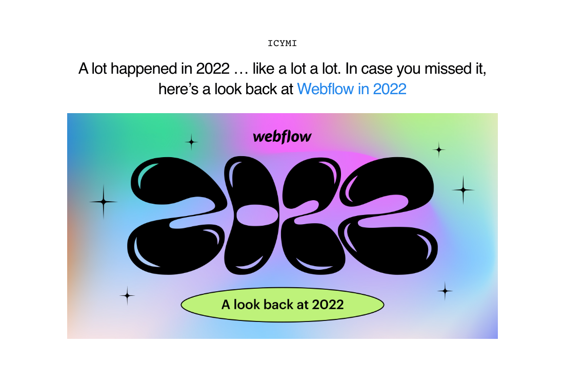 Year-in-review emails: Screenshot of Webflow's year-in-review email