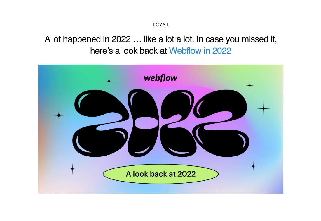 Year-in-review emails: Screenshot of Webflow's year-in-review email