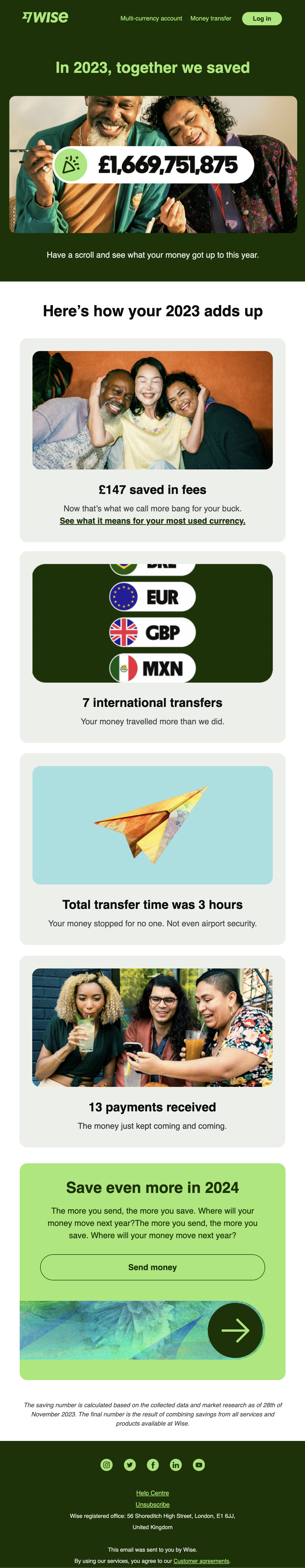 SaaS Milestone Emails: Screenshot of Wise's user year-in-review email