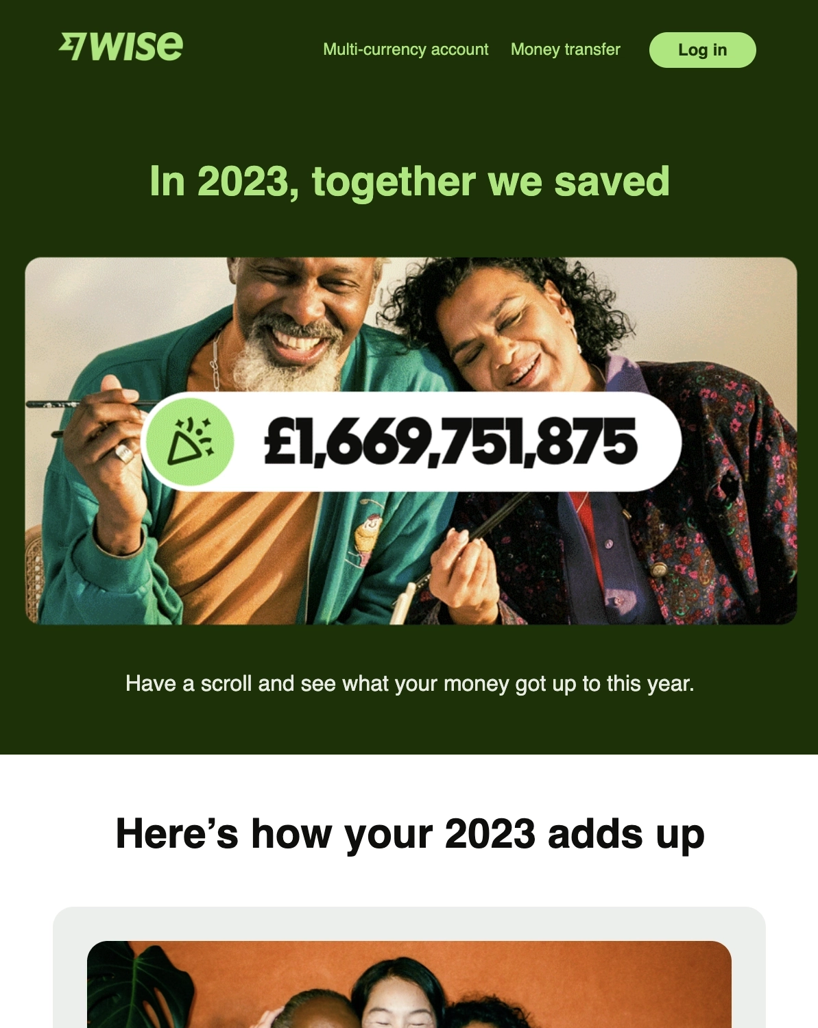 Year-in-review emails: Screenshot of Wise's year-in-review email about customer milestones