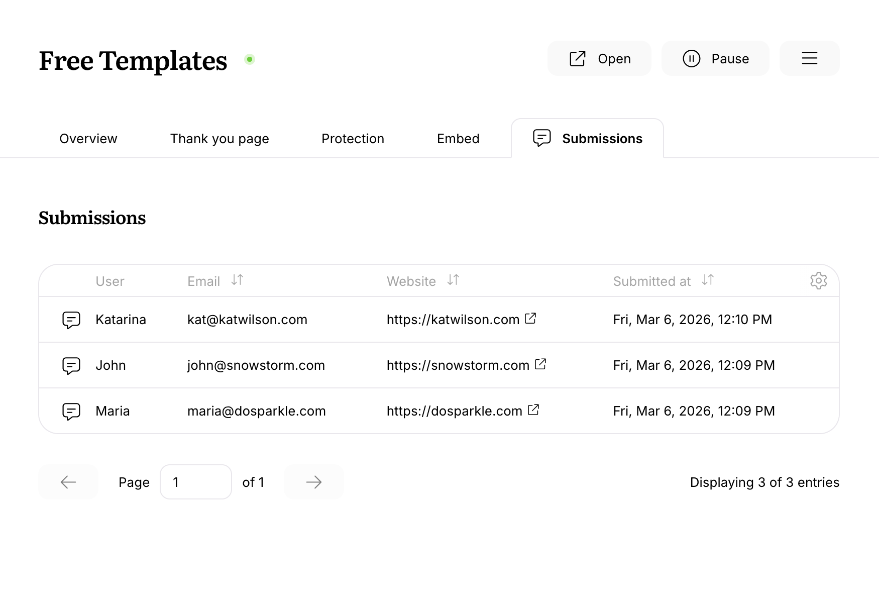 Screenshot showing form submissions powered by Userlist
