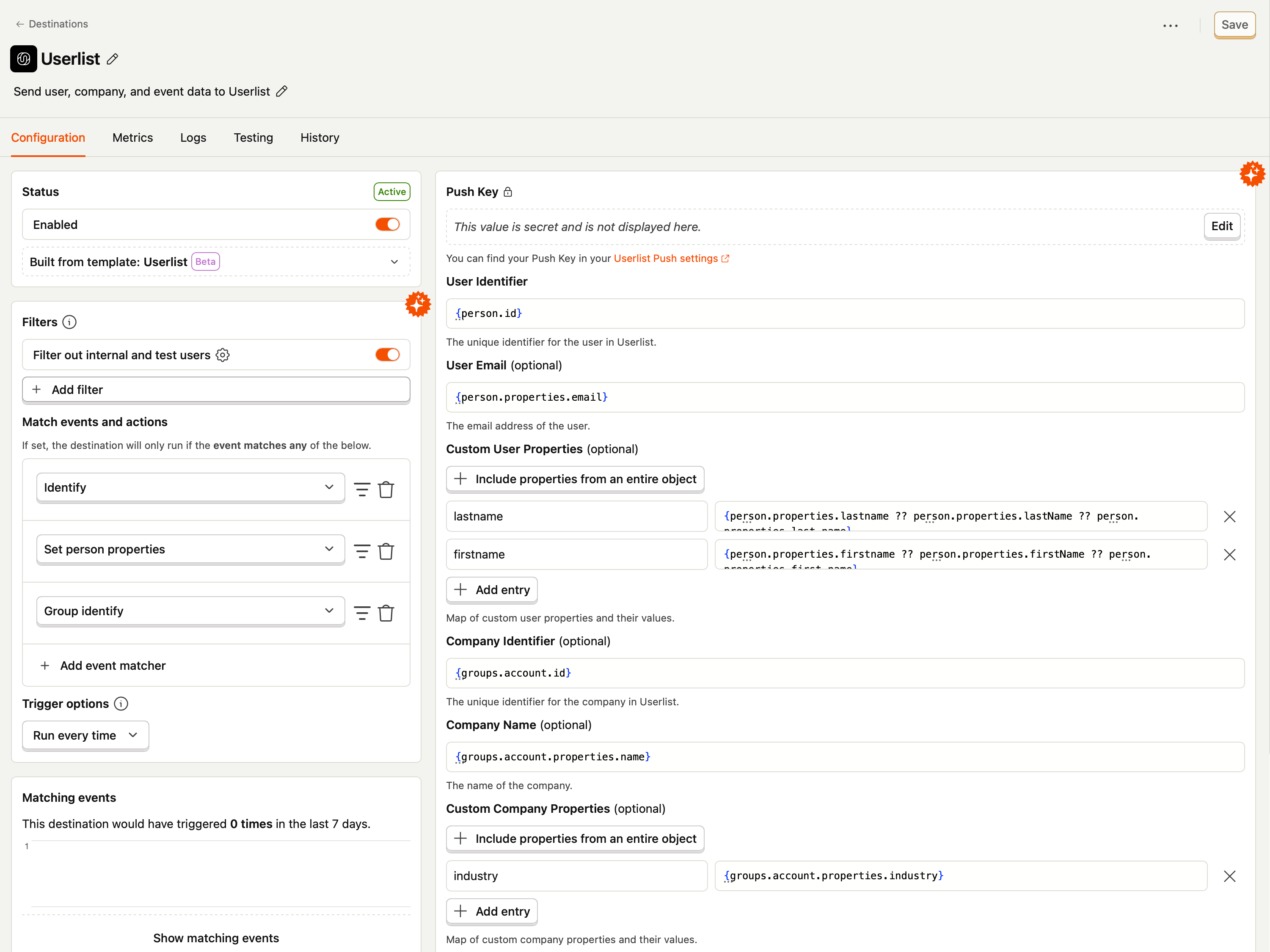 Screenshot of the destination settings page on PostHog