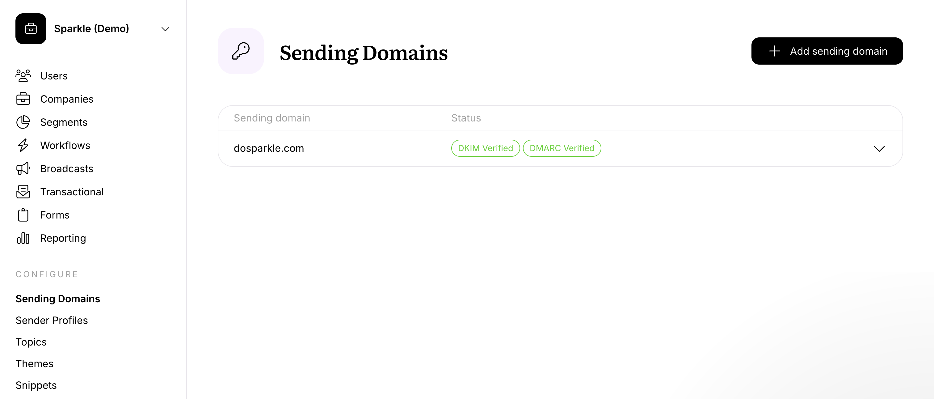 Screenshot of sending domain page on Userlist