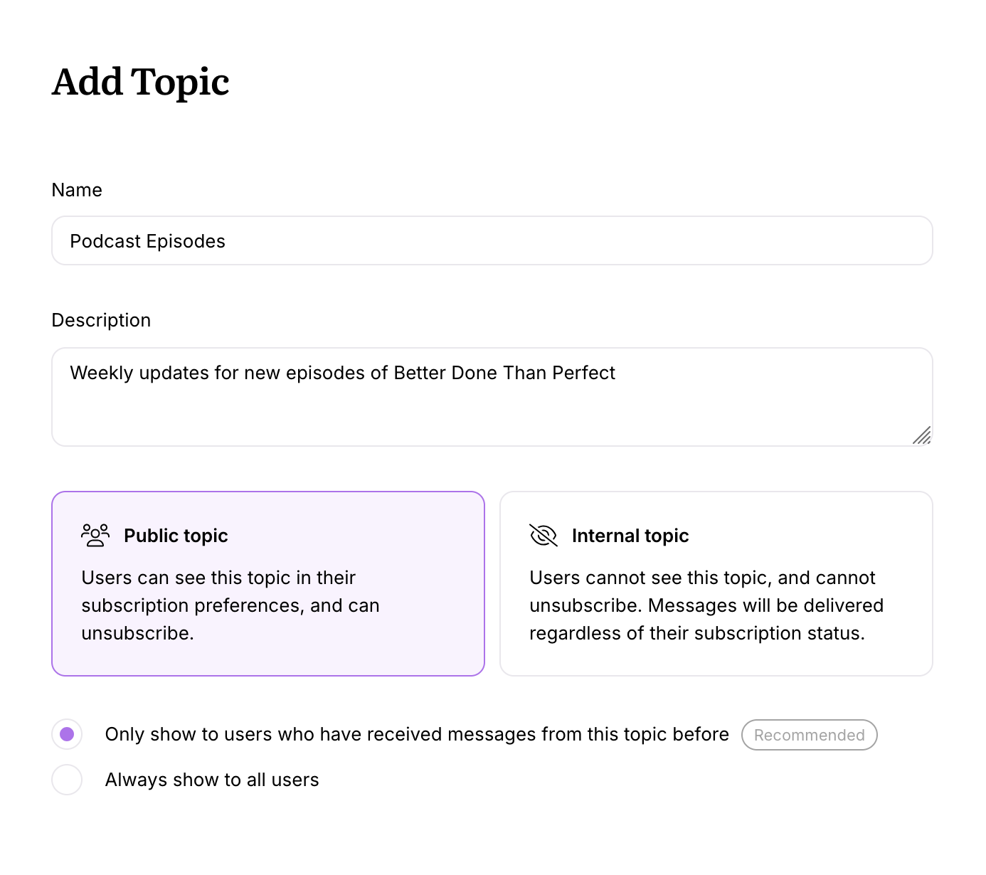 Screenshot of editing topic settings