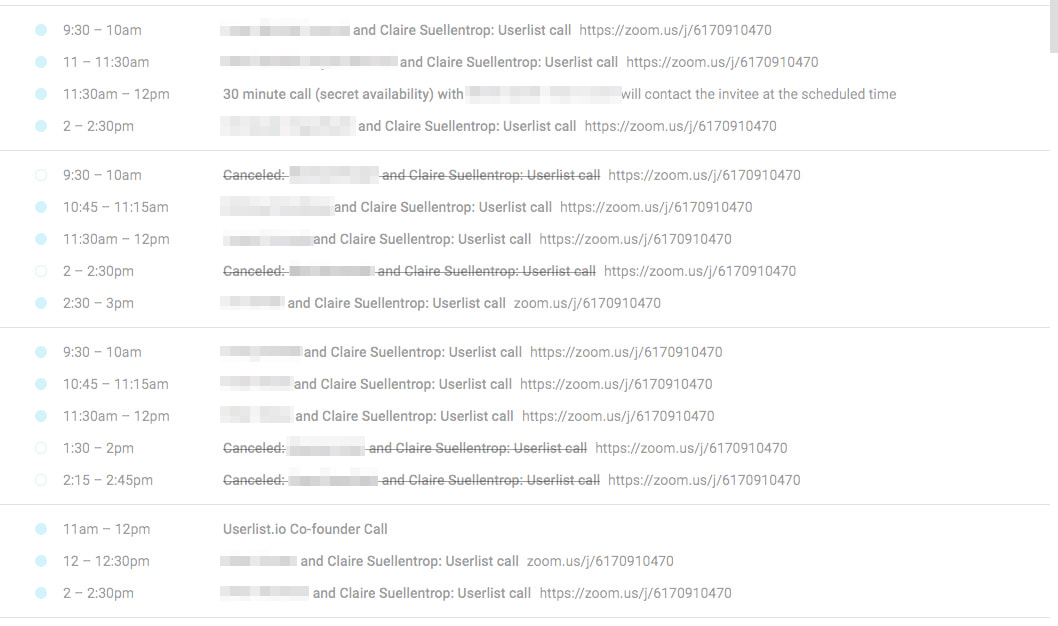 My calendar, full of research calls for Userlist
