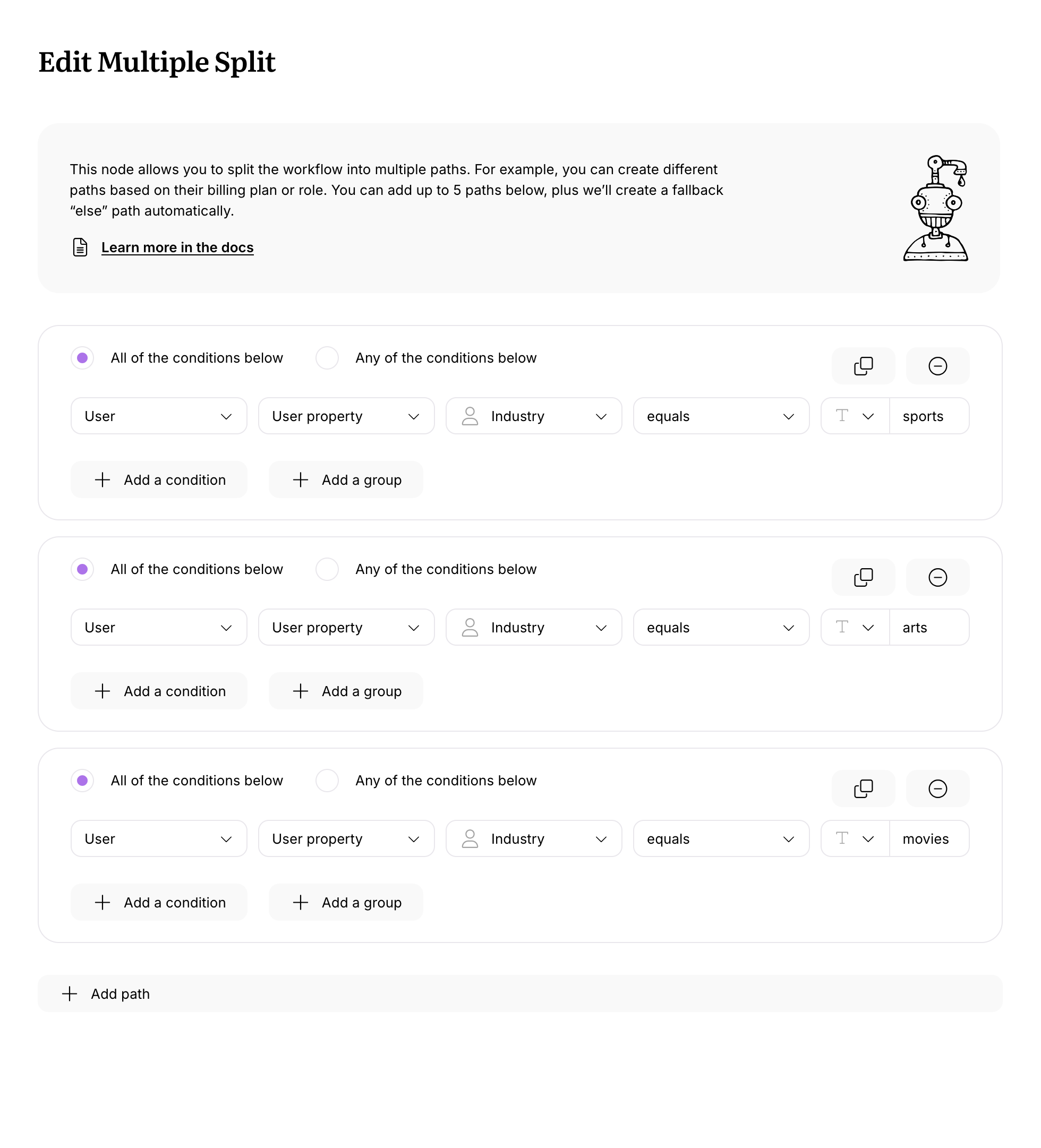 Editing a multiple split node in Userlist workflows